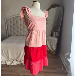 LC Lauren Conrad XL Ruffle Sleeve Tiered Dress Pink‎ Red Bow Back NWT